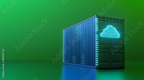 Digital container with glowing cloud icon symbolizing data storage and computing, over a green background.