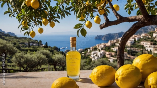 A bottle of homemade limoncello against the backdrop of the Amalfi Coast and lemons photo