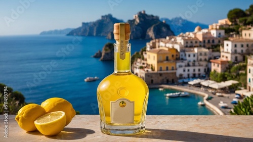A bottle of homemade limoncello against the backdrop of the Amalfi Coast and lemons