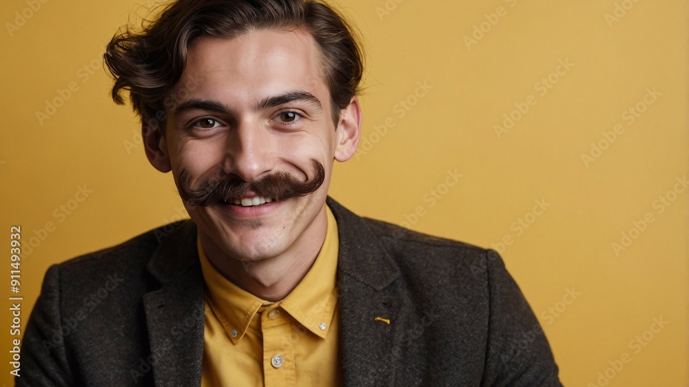 Fototapeta premium Gentleman with retro moustache, portrait on background. Space for text, man smiling. Barbershop concept,