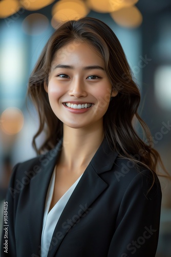 Young Asian woman smiling, business attire, blurred background, natural lighting, candid shot