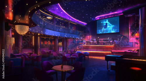 Depict the vibrant nightlife on board, with scenes of a lively nightclub, a captivating theater performance, a piano bar, or an outdoor movie screening under the stars photo