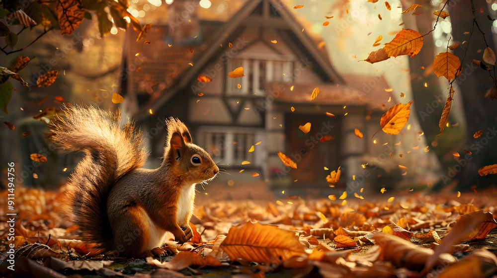 A small squirrel sits on the ground. surrounded by drifting golden autumn leaves in front of an ancient house with eaves and windows. A small squirrel sits on the ground. surrounded by drifting golden autumn leaves in front of an ancient house with eaves and windows.