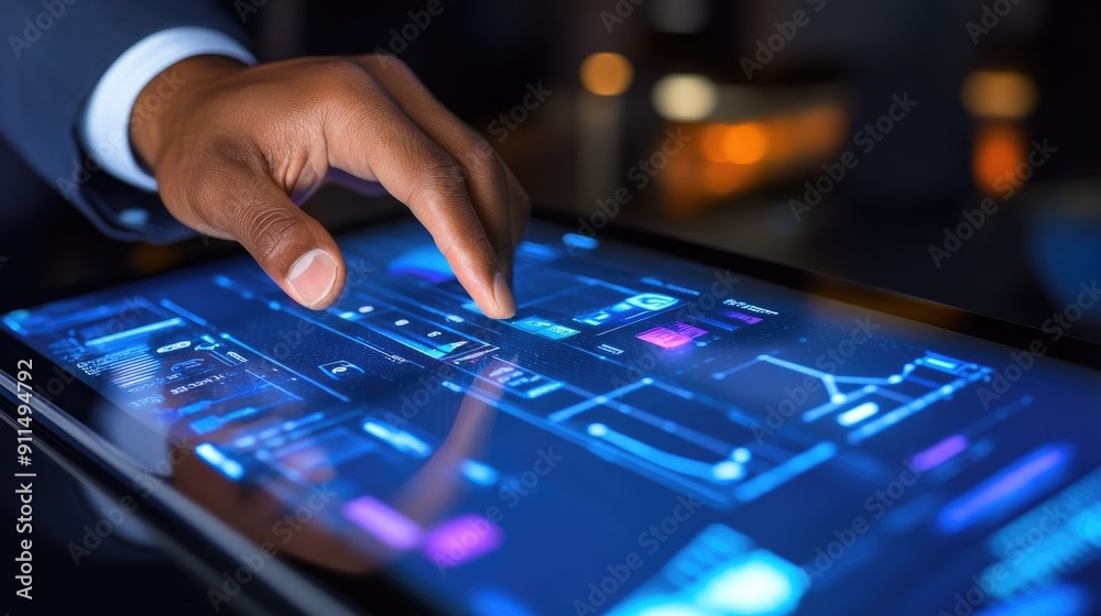 Close up businessman hand touching on screen of digital tablet Close up businessman hand touching on screen of digital tablet
