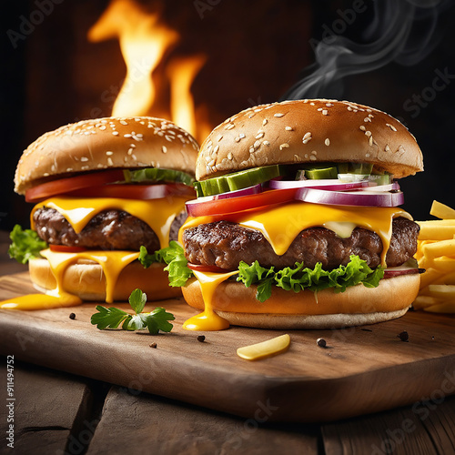 A delicious triple meat burger with yellow cheese accompanied on the rocks cheese thick beef burge
 photo