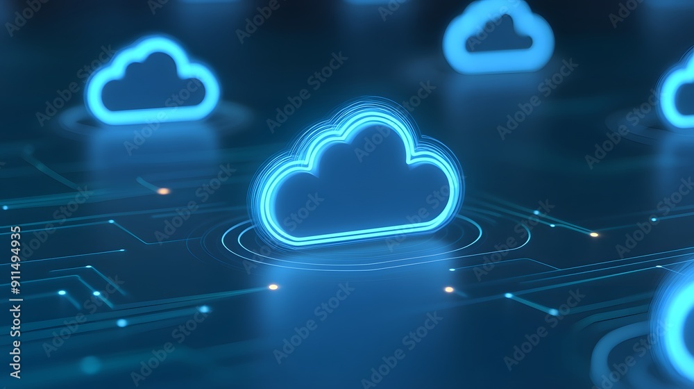 Digital illustration of cloud computing networks, glowing blue icons representing data storage in virtual environments.