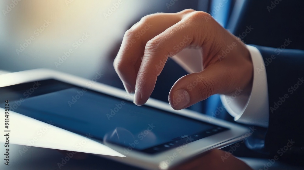 Close up businessman hand touching on screen of digital tablet Close up businessman hand touching on screen of digital tablet