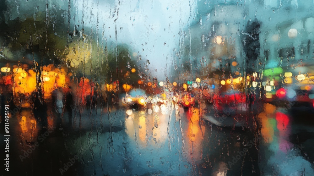 Obraz premium A Tranquil Ode to Rain: The Ethereal Symphony of Drizzling Peace Transforming the Cityscape into a Watercolor Dream
