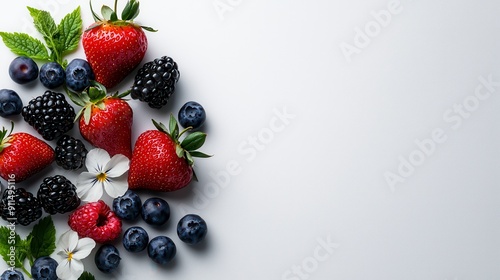 Fresh strawberries, blueberries, blackberries and raspberries on white background with copy space.