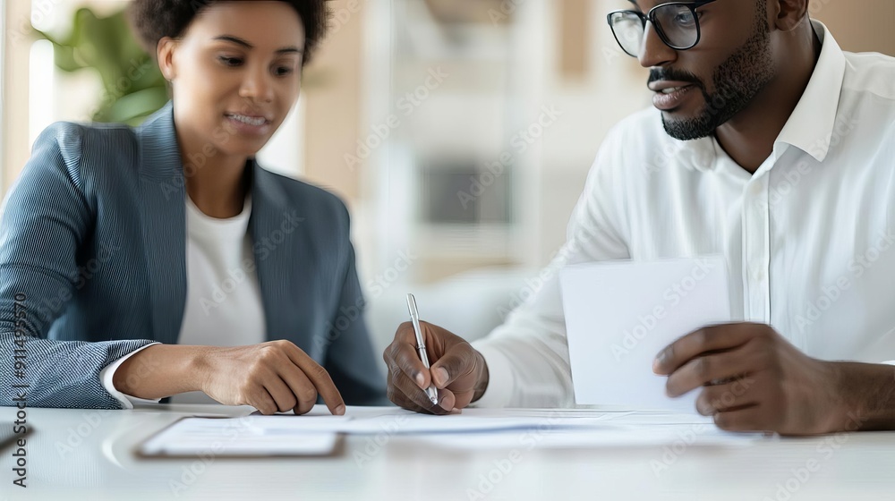 Real estate agent explaining property insurance assessment to client, property insurance, client consultation Real estate agent explaining property insurance assessment to client, property insurance, client consultation