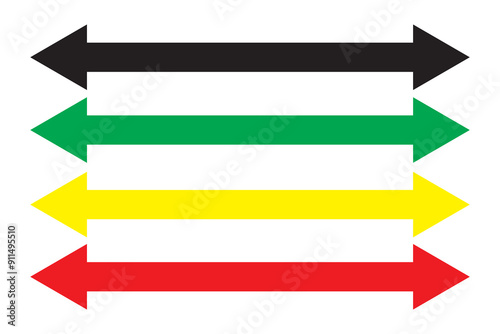 Dual sided thin long straight double ended arrow. Black, red, yellow and green color . Contour isolated vector image on white background.
