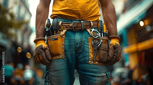 Close up of a Construction Worker s Tool Belt with Various Tools and Equipment photo