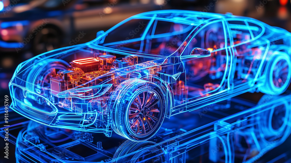 Car structure with blue hologram style showing visible components and control system, featuring an electric car with transparent glass and metal, illuminated interior lights, close-up view with high d Car structure with blue hologram style showing visible components and control system, featuring an electric car with transparent glass and metal, illuminated interior lights, close-up view with high d