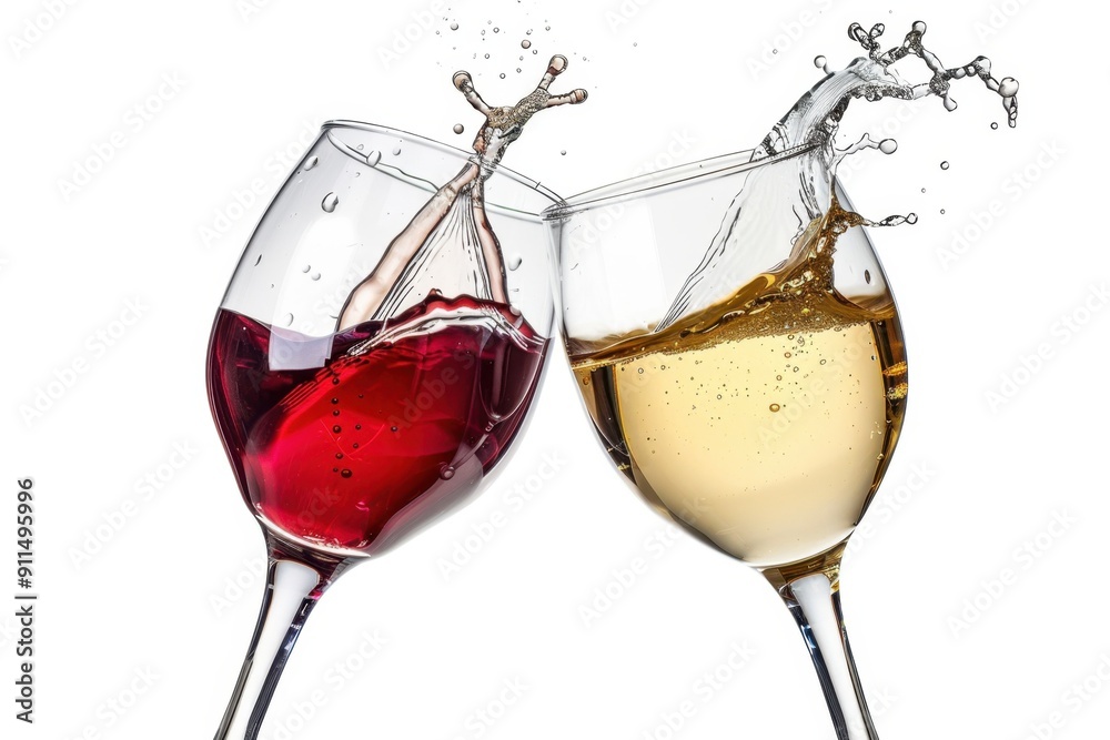 Two wine glasses clinking together, red and white wine splashing from the top of each glass isolated on clear background Generative AI Two wine glasses clinking together, red and white wine splashing from the top of each glass isolated on clear background Generative AI