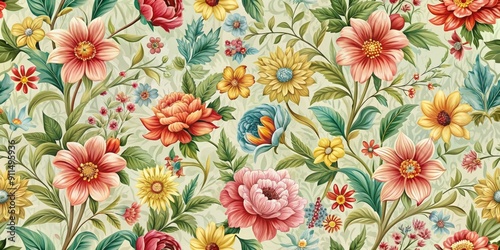 Floral seamless pattern with intricate flowers and leaves, nature, botanical, background, design, textile, wallpaper