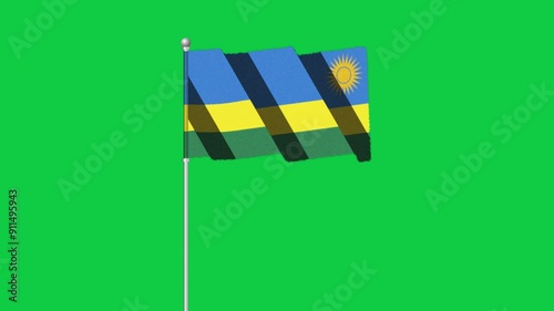 4K RWANDA  flag old animation with pole waving on chroma key green screen
