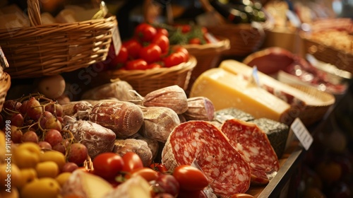 Assorted meats and cheeses at a deli counter photo