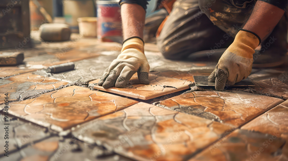 Close-up of a worker installing ceramic floor tiles, carefully pressing down on a tile with a gloved hand. Generative AI Close-up of a worker installing ceramic floor tiles, carefully pressing down on a tile with a gloved hand. Generative AI