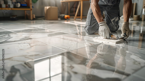 Close-up of a worker installing ceramic floor tiles, carefully pressing down on a tile with a gloved hand. Generative AI