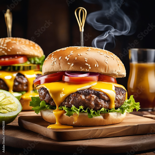 A delicious triple meat burger with yellow cheese accompanied on the rocks cheese thick beef burge
 photo