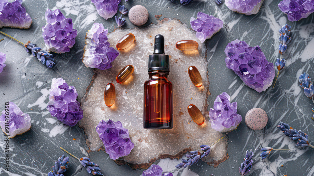 lavender essential oil and lavender flower with amethyst gemstone crystals on the table. Generative AI lavender essential oil and lavender flower with amethyst gemstone crystals on the table. Generative AI