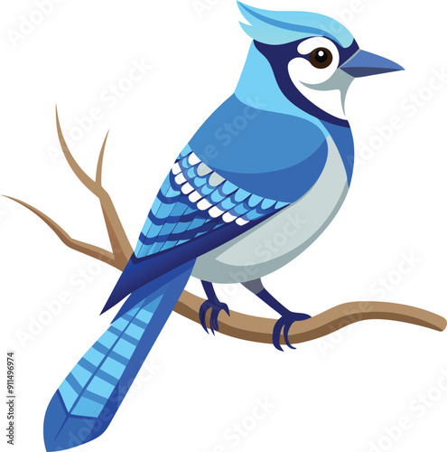 a vector art Blue jay sitting on a tree branch 