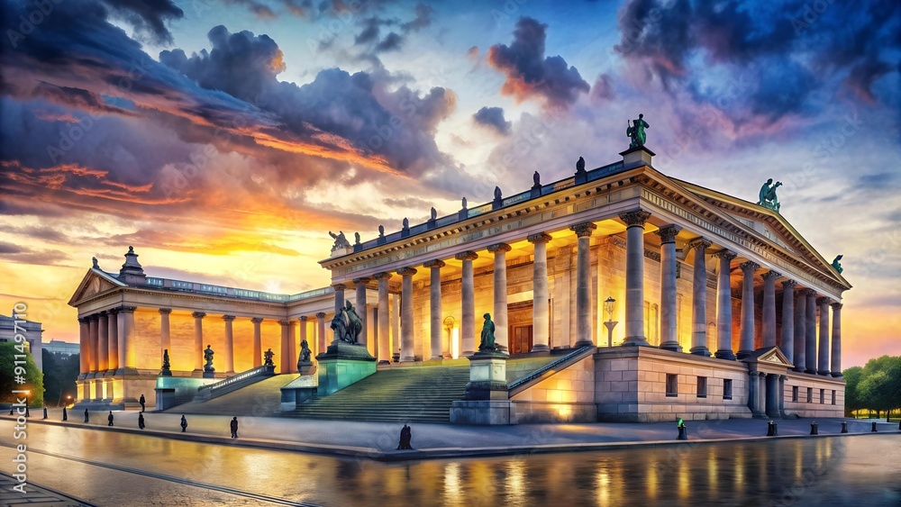 Fototapeta premium The Old Museum in Twilight's Embrace: A Watercolor Impression of Berlin's Architectural Gem AI Generated