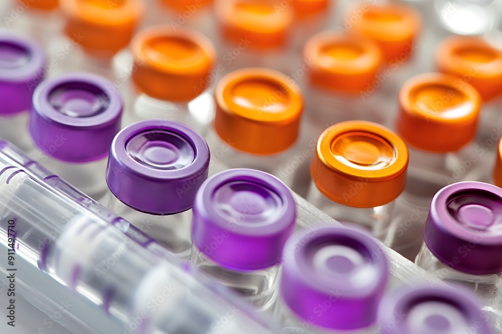 Colorful Close-Up of Syringes in Trays | Vibrant Orange and Purple Medical Supplies for Injection Colorful Close-Up of Syringes in Trays | Vibrant Orange and Purple Medical Supplies for Injection