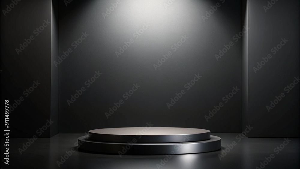 Fototapeta premium Black podium or pedestal display on dark background with long platform. Blank product shelf standing backdrop. 3D rendering. 