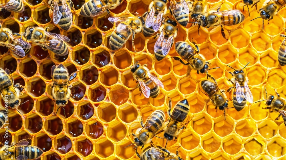 Bees on a honeycomb, diligently collecting nectar under natural light conditions. Bees on a honeycomb, diligently collecting nectar under natural light conditions.
