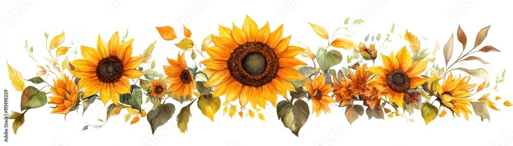 Fototapeta premium Vibrant Sunflowers Swaying in the Wind - Watercolor Botanical Illustration with Gentle Petal Movement