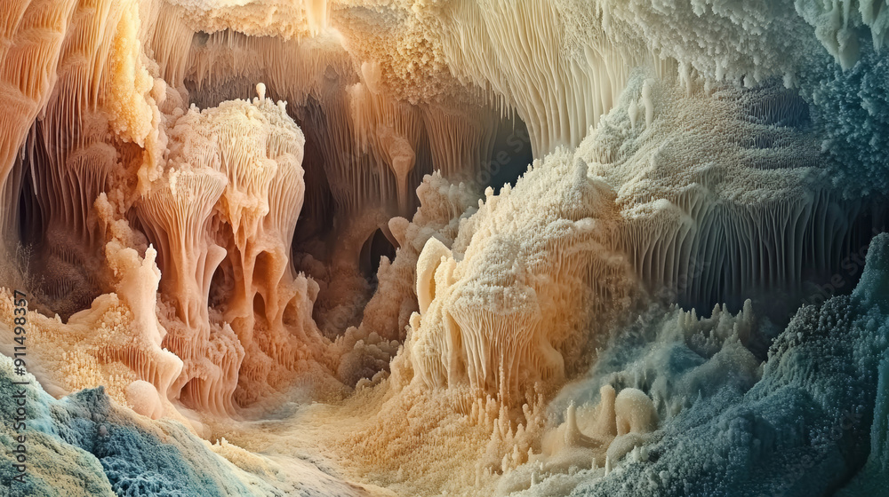 Focus on the detailed textures and colors of speleothems (cave ...