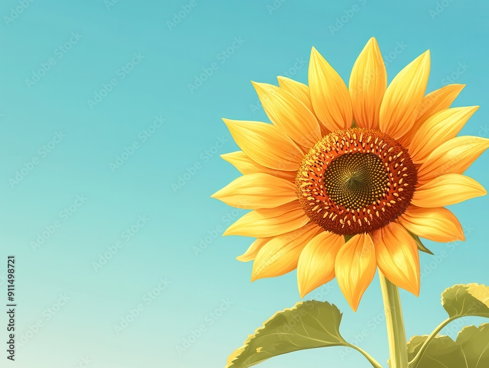 Obraz premium Vibrant Sunflower Close-up in Flat Design Under Clear Blue Sky - Botanical Nature Illustration