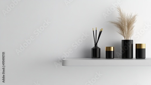 Elegant desk organizers feature black and gold designs, holding pens and dried pampas grass on a light wooden table, creating a stylish workspace