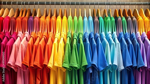 A Symphony of Colors: A Vibrant Display of Clothing on Hangers generative AI