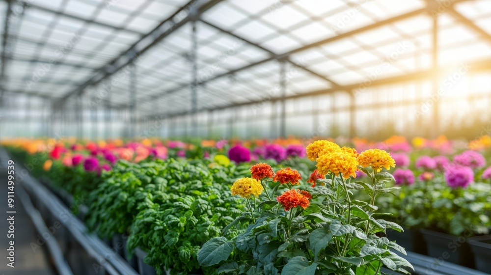 A spacious greenhouse filled with rows of vibrant flowering plants, sunlight streaming through the glass panels A spacious greenhouse filled with rows of vibrant flowering plants, sunlight streaming through the glass panels