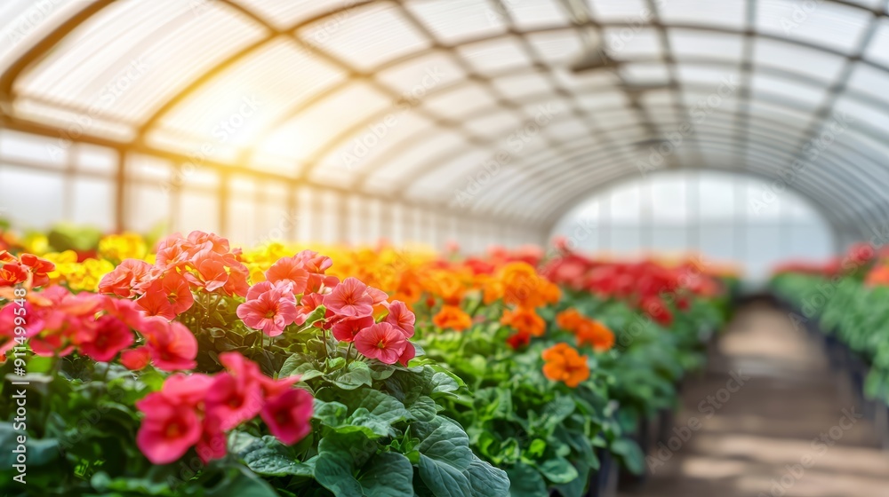 A spacious greenhouse filled with rows of vibrant flowering plants, sunlight streaming through the glass panels