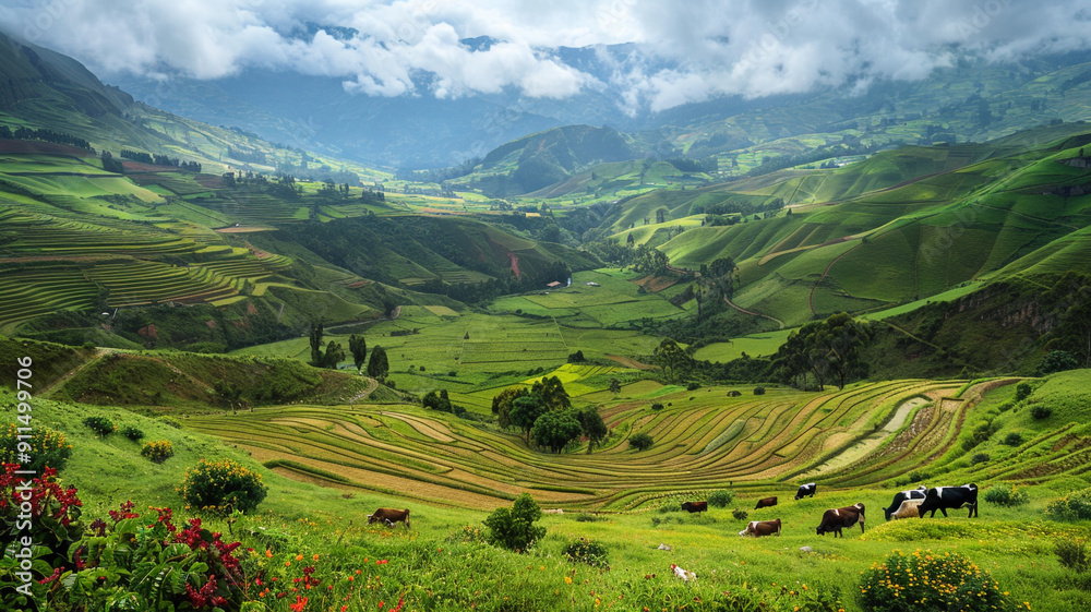 Fototapeta premium A panoramic view of a box valley with terraced fields and grazing cattle