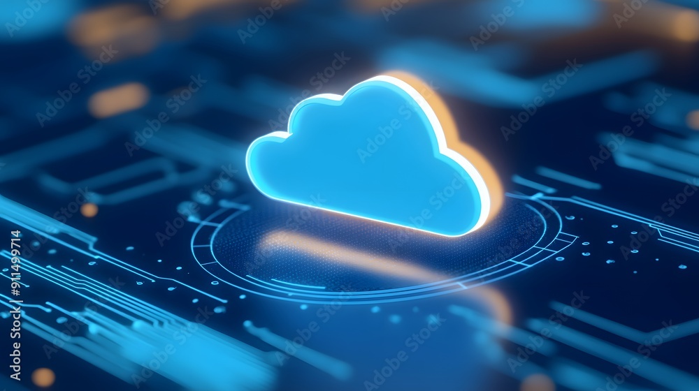 Futuristic cloud computing illustration with glowing cloud symbol on a dark digital background, representing technology and data storage. Futuristic cloud computing illustration with glowing cloud symbol on a dark digital background, representing technology and data storage.