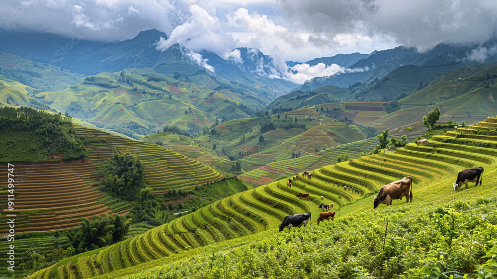 Fototapeta premium A panoramic view of a box valley with terraced fields and grazing cattle
