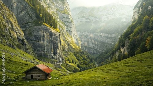 A serene box valley with a small wooden cabin nestled against one of the valley walls photo