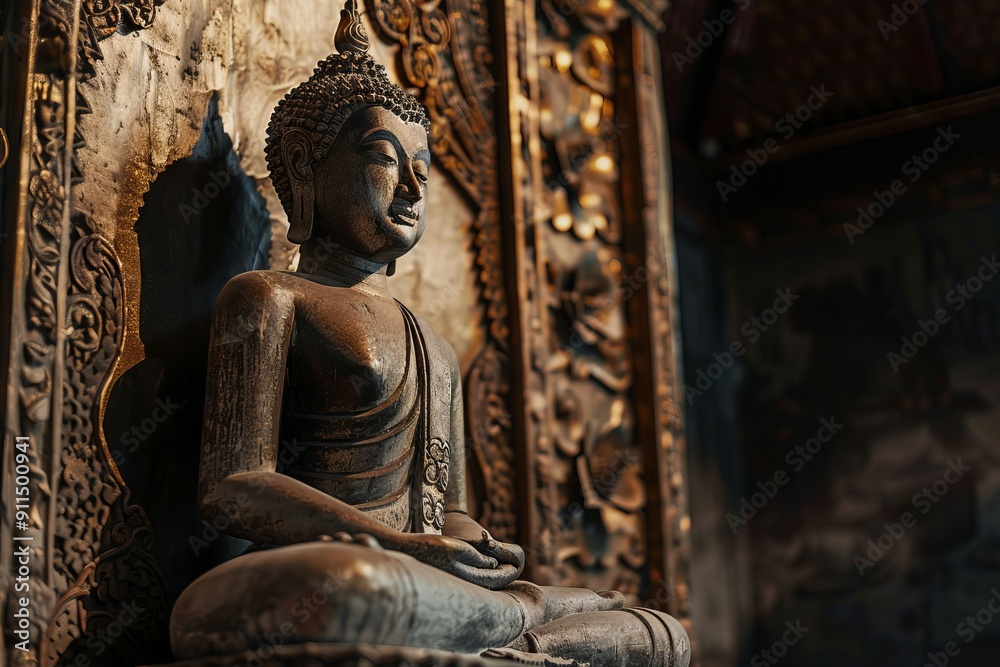Obraz premium Realistic, rustic, grungy and highly detailed lord buddha statue inside a temple isolated over dark golden color wall carved with flower and ancient architectural design