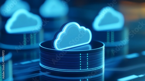 Futuristic cloud computing technology. Digital data storage and networking. Blue neon cloud icons on a dark background.