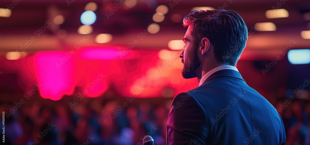 Man in a suit with a microphone addressing a crowd in a vibrant, colorful auditorium. Concepts of public speaking, professional events, and motivational talks.