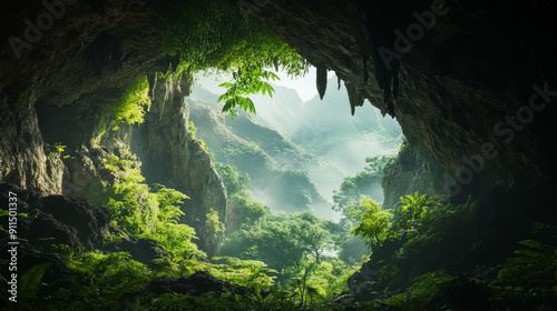 Highlight the dramatic entrances to caves, with lush vegetation or rugged rocky landscapes, inviting viewers into the hidden world below.  photo