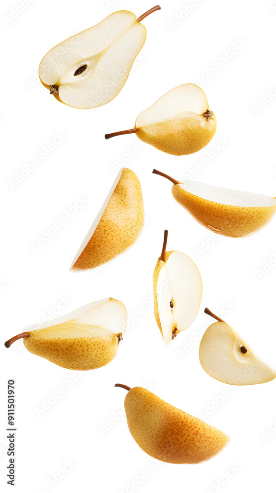 Falling Sliced Pears isolated on white background, full depth of field, transparent png background Falling Sliced Pears isolated on white background, full depth of field, transparent png background
