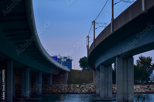 The seascape from the waterfront in Tung Chung, Hong Kong at sunset. Travel and nature scene. photo