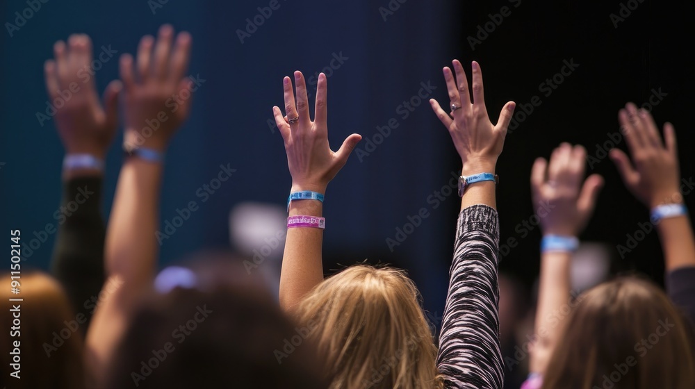 Backside perspective of attendees raising hands at a conference Backside perspective of attendees raising hands at a conference