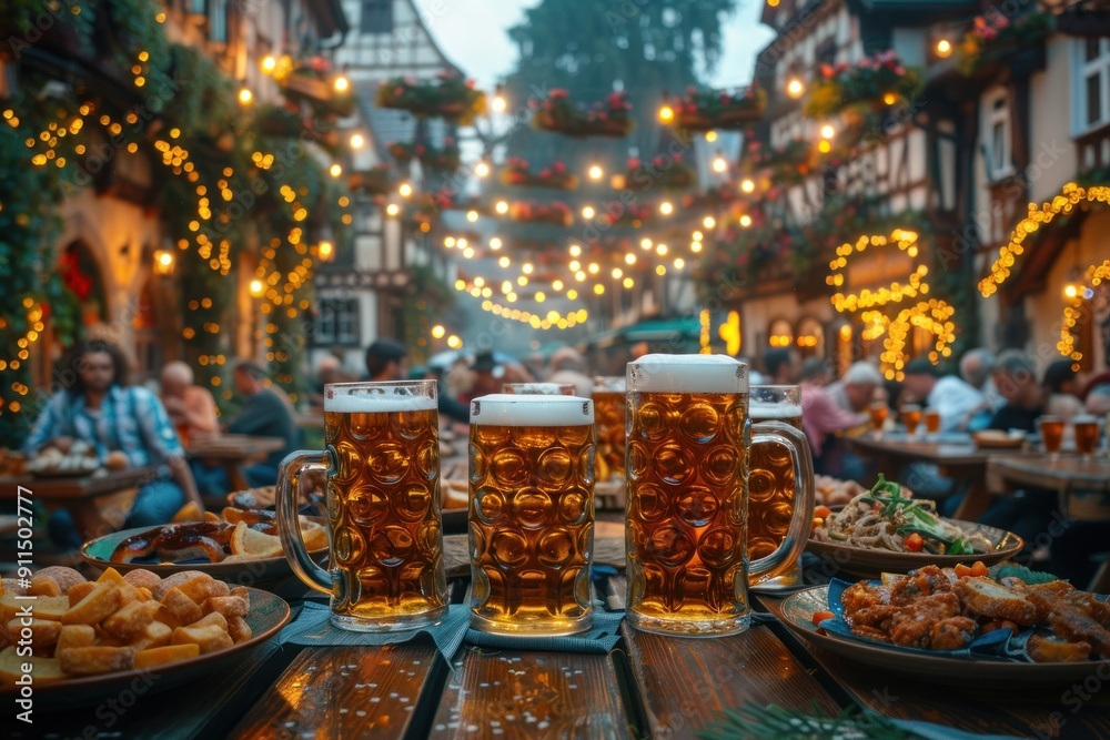 Fototapeta premium Mugs of beer on the table at the Christmas market in Germany