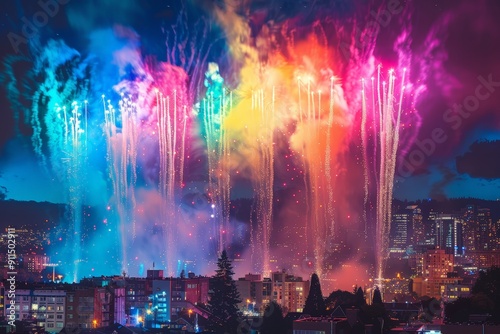 A colorful fireworks display lights up the night sky over a city. The fireworks are arranged in a rainbow pattern, with each color representing a different firework